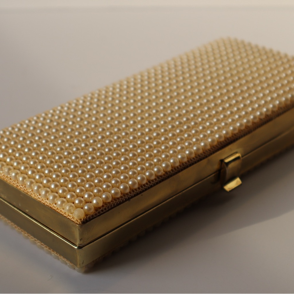 Vintage Pearl-Embellished Gold Clutch
